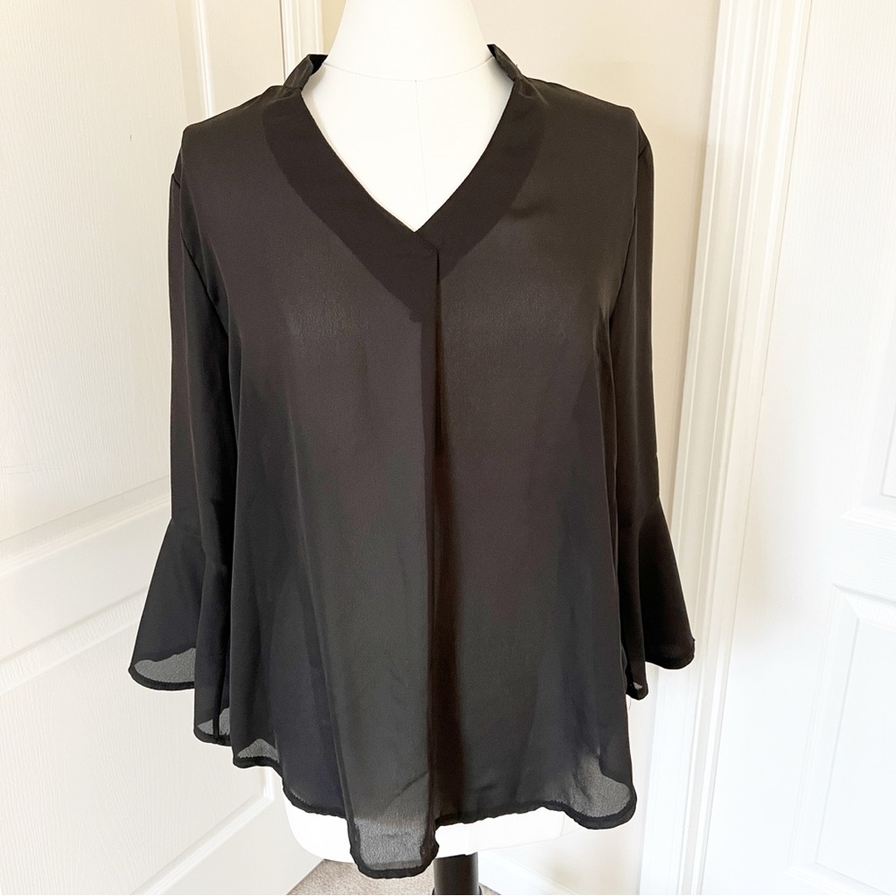 Black Sheer V-neck Women's Blouse XXL Flared Sleeves